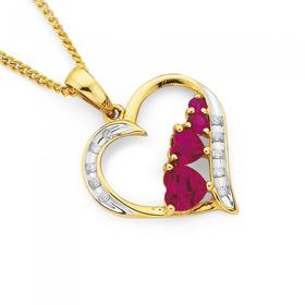 9ct-Gold-Created-Ruby-Diamond-Heart-Pendant on sale