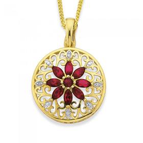 9ct-Gold-Created-Ruby-Diamond-Filigree-Flower-Enhancer-Pendant on sale