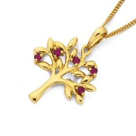 9ct-Gold-Synthetic-Ruby-Diamond-Tree-of-Life-Pendant on sale