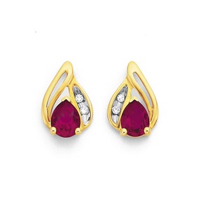 9ct+Gold%2C+Created+Ruby+%26amp%3B+Diamond+Earrings