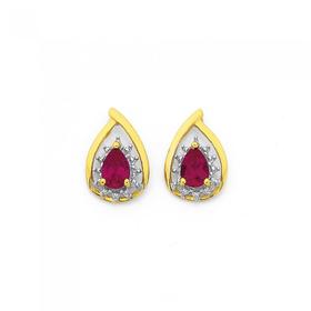 9ct-Gold-Created-Ruby-Diamond-Pear-Cut-Earrings on sale