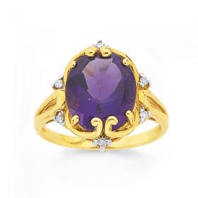 9ct+Gold+Amethyst+%26amp%3B+Diamond+Oval+Antique+Ring