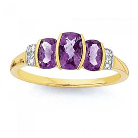 9ct-Gold-Amethyst-Diamond-Trilogy-Ring on sale