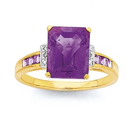 9ct+Gold%2C+Amethyst+%26amp%3B+Diamond+Emerald+Cut+Ring