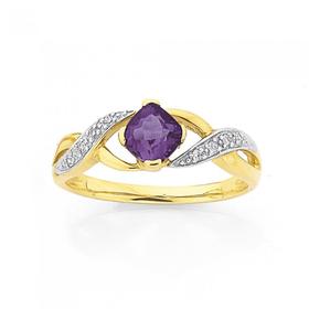 9ct-Gold-Amethyst-Diamond-Cushion-Cut-Crossover-Ring on sale