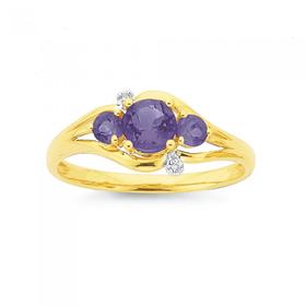 9ct-Gold-Amethyst-Diamond-Trilogy-Ring on sale