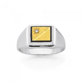 9ct+Gold+%26amp%3B+Sterling+Silver+Diamond+%26amp%3B+Black+Agate+Gents+Ring