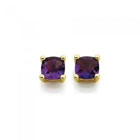 9ct+Gold+Amethyst+5mm+Cushion+Cut+Stud+Earrings