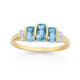 9ct-Gold-Blue-Topaz-Diamond-Cushion-Trilogy-Ring on sale