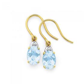 9ct+Gold+Sky+Blue+Topaz+%26+Diamond+Oval+Cut+Chequered+Hook+Earrings
