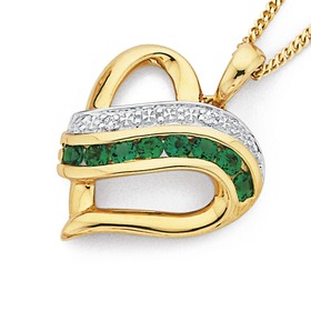 9ct-Gold-Created-Emerald-Diamond-Heart-Pendant on sale