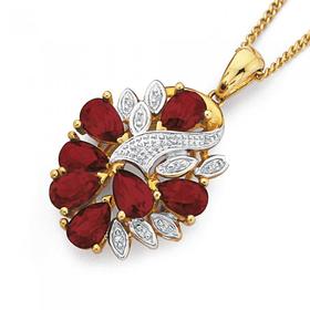 9ct-Gold-Created-Ruby-Diamond-Cluster-Pendant on sale