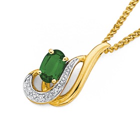 9ct+Gold%2C+Created+Emerald+%26amp%3B+Diamond+Oval+Cut+Pendant