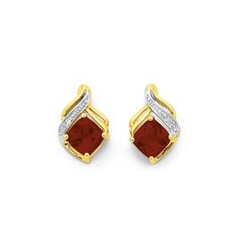 9ct-Gold-Garnet-Diamond-Cushion-Cut-Swirl-Stud-Earrings on sale