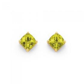 9ct+Gold+Peridot+Cushion+Cut+Checkerboard+Stud+Earrings