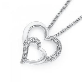 9ct+White+Gold+Diamond+Double+Heart+Pendant