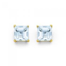 9ct+Aquamarine+5mm+Princess+Cut+Stud+Earrings