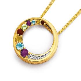 9ct-Gold-Multi-Gemstone-Diamond-Circle-Pendant on sale