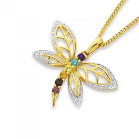 9ct+Gold%2C+Multi+Gemstone+%26+Diamond+Dragonfly+Pendant