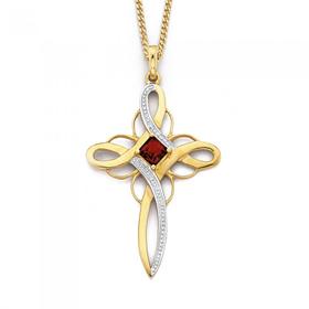 9ct-Gold-Garnet-Diamond-Princess-Cut-Cross-Pendant on sale