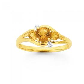 9ct-Gold-Citrine-Diamond-Round-Trilogy-Ring on sale