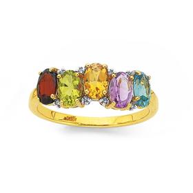 9ct-Gold-Multi-Colour-Semi-Precious-Stones-Diamond-Ring on sale