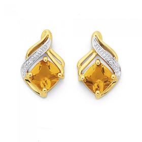 9ct-Gold-Citrine-Diamond-Cushion-Swirl-Stud-Earrings on sale