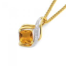 9ct+Gold+Citrine+%26amp%3B+Diamond+Cushion+Swirl+Pendant