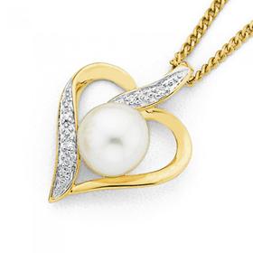 9ct-Gold-Cultured-Fresh-Water-Pearl-Diamond-Heart-Pendant on sale