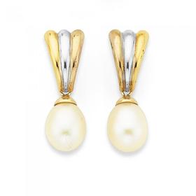 9ct+Gold+Tri+Tone+Cultured+Freshwater+Pearl+Fan+Teardrop+Earrings