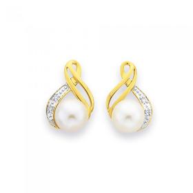 9ct+Gold+Cultured+Freshwater+Pearl+%26amp%3B+Diamond+Earrings