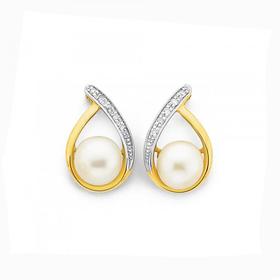 9ct-Gold-Cultured-Fresh-Water-Pearl-Diamond-Stud-Earrings on sale