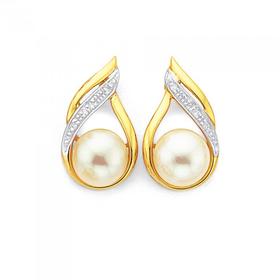 9ct-Gold-Created-Fresh-Water-Pearl-Diamond-Swirl-Stud-Earrings on sale