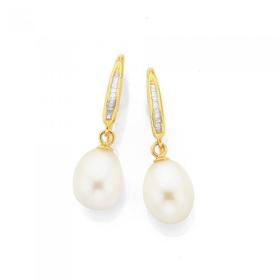 9ct+Gold+Cultured+Fresh+Water+Pearl+%26amp%3B+Diamond+Drop+Earrings