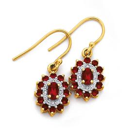 9ct+Gold%2C+Created+Ruby+%26amp%3B+Diamond+Oval+Cut+Cluster+Earrings