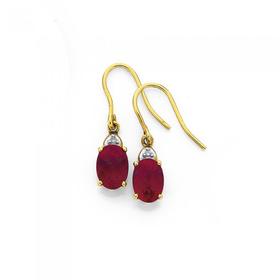 9ct+Gold+Created+Ruby+%26amp%3B+Diamond+Drop+Earrings