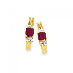 9ct+Gold%2C+Created+Ruby+%26+Diamond+Cushion+Half+Bezel+Hoop+Earrings