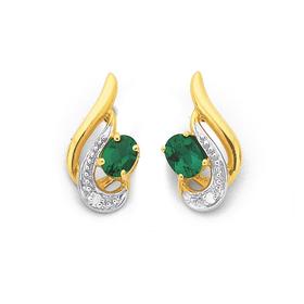 9ct-Gold-Created-Emerald-Diamond-Oval-Cut-Earrings on sale