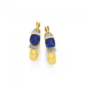 9ct-Gold-Created-Sapphire-Diamond-Cushion-Hoop-Earrings on sale