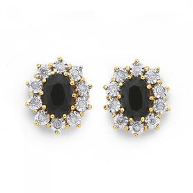 9ct-Gold-Sapphire-Diamond-Oval-Cluster-Earrings on sale