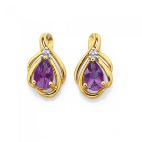 9ct-Gold-Amethyst-Diamond-Pear-Cut-Stud-Earrings on sale