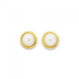 9ct+Gold+Cultured+Fresh+Water+Pearl+Gold+Rim+Stud+Earrings