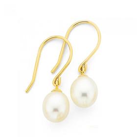 9ct-Gold-Cultured-Fresh-Water-Pearl-Drop-Hook-Earrings on sale