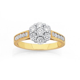 9ct+Gold+Diamond+Cluster+Engagement+Ring