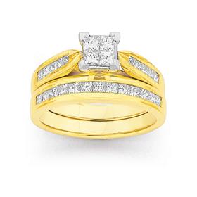 18ct+Gold+Diamond+Princess+Cut+Bridal+Set