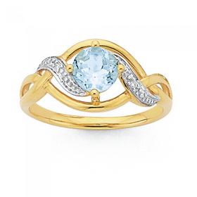 9ct-Gold-Aquamarine-Diamond-Round-Swirl-Ring on sale