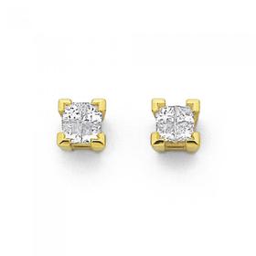 9ct+Gold+Diamond+Princess+Cut+Stud+Earrings