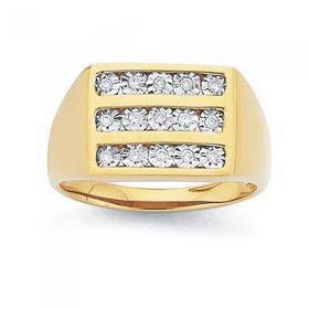 9ct+Gold+3+Row+Diamond+Set+Gents+Ring