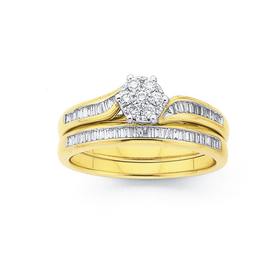 9ct-Gold-Diamond-Cluster-with-Baguette-Shoulder-Bridal-Set on sale