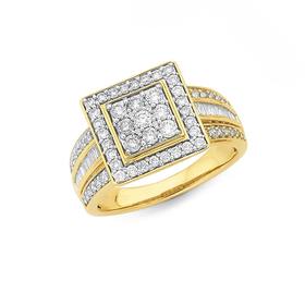 9ct+Gold%2C+Diamond+Round+Brilliant+%26amp%3B+Baguette+Fancy+Square+Dress+Ring